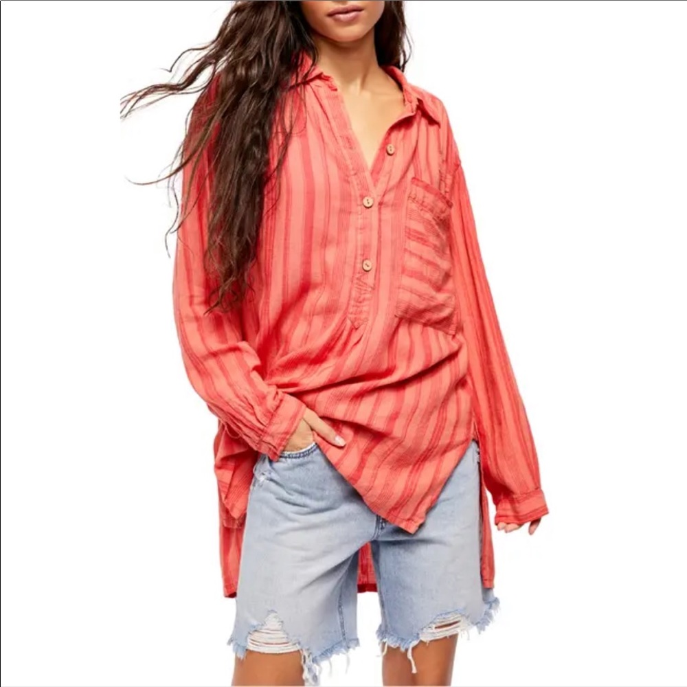 Free People Long Sleeve Striped Button Front Top in Coral